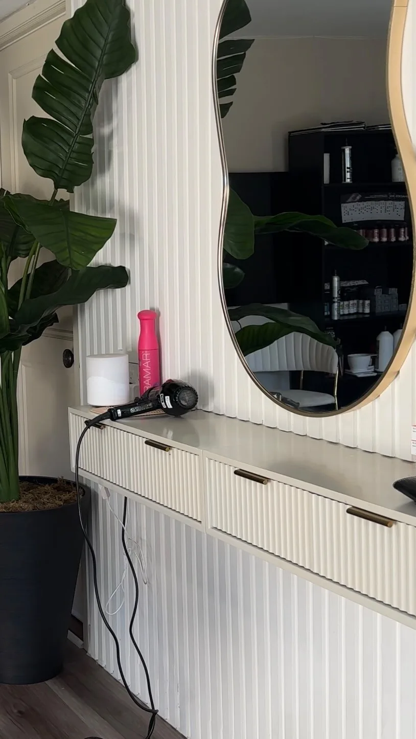 Francesca’s studio: a round mirror, a plant and her styling tools
